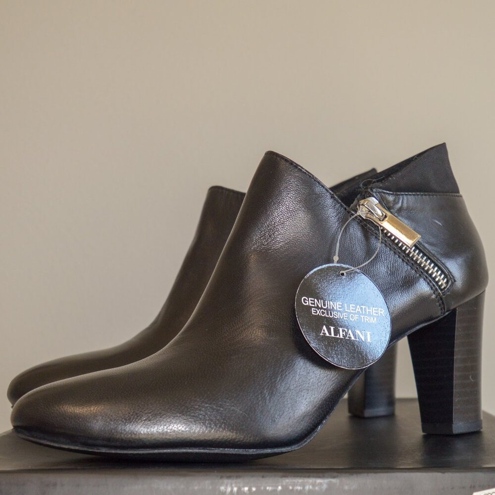 Alfani Prima Black Leather Side Zip Block Heel Booties